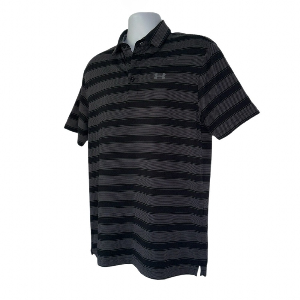 Under Armour Men’s Loose Fit Polo Shirt Medium Black Gray Stripe HeatGear